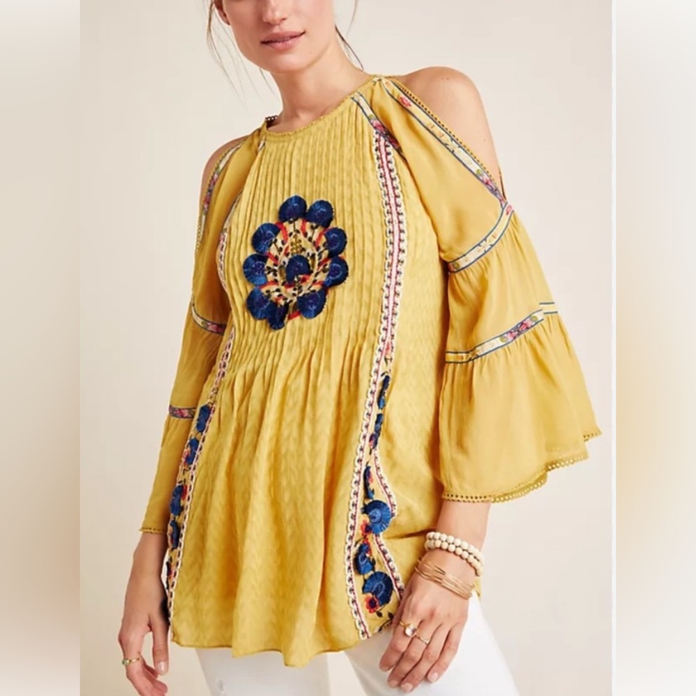 Anthropologie Yellow and Blue Embroidered Tunic